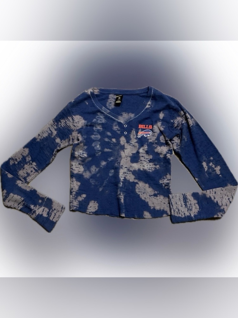 NFL Buffalo Bills Blue Tie-Dye Henley Cropped Long Sleeve Top Women’s Size L